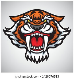 Tiger Sabertooth Roaring Head Logo Vector Sports Esport Mascot Illustration Template