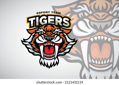 Tiger Sabertooth Roaring Head Logo Design Vector Sports Esport Mascot Illustration