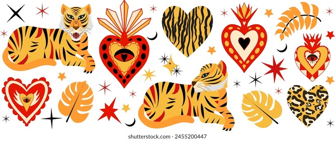 Tigre y corazón sagrado, mística celestial. Corazones de estilo retro con estampado de tigre y leopardo. Colección mística animal. Estilo bohemio contemporáneo. Ilustración vectorial.