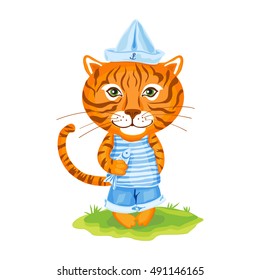 Tiger sailor in cap of boat and fish on green grass isolated on white background, Vector cartoon cute illustration, Character design for greeting card, children invitation, element pattern wallpaper