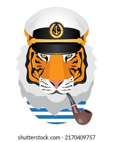 Tiger sailor captain in a hat with a smoking pipe. Nautical print, avatar, portrait, head. Isolated vector illustration on white background