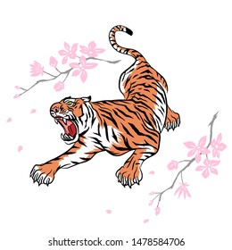 Tiger with sakura flower. Vector design