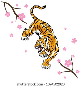 Tiger and sakura flowers illustration, Vector design