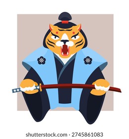 Tiger in samurai clothes with katana sword in paws. Animal warrior Vector illustration