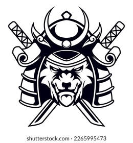 Tiger Samurai With cross katana drawing vector logo black and white design illustration template