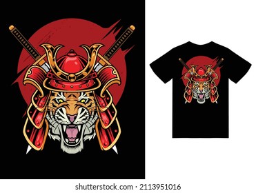 Ilustración del tigre samurai con el vector de diseño de camisetas de primera calidad El concepto de tecnología aislada. Estilo de caricatura plana adecuado para llevar páginas web, carteles, volantes, pegatinas, tarjetas