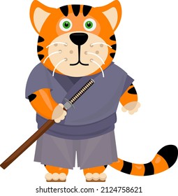 Tiger samurai with a sword. Vector illustration of the symbol of the year.