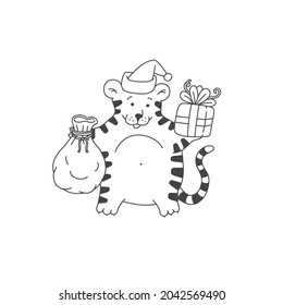 Tiger Santa Claus cartoon outline black white cute character. Vector isolated illustration.