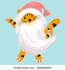 A tiger in a santa claus costume with a long beard waving his paw. A cute and funny cartoon Tiger Cub is the symbol of the year. Vector isolated illustration of smiling mascot in christmas clothes