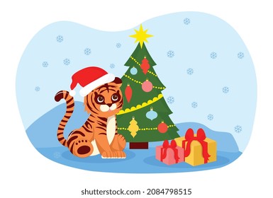 Tiger in Santa Claus hat. Character sitting by tree, pictures for New Year. Invitation or greeting cards and postcards. Winter traditional holidays, symbol, animal. Cartoon flat vector illustration