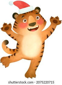 A tiger in a Santa Claus hat.For postcards and design.Vector illustration drawn by hand.