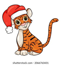 Tiger in Santa Claus hat. Symbol of the new year according to the Chinese or Eastern calendar. Vector editable illustration, cartoon style