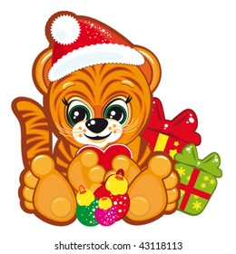 Tiger in the Santa hat  with the Christmas tree and gifts