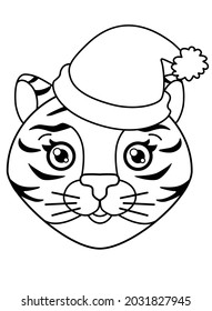Tiger in santa hat - symbol 2022 - vector linear illustration for coloring. Outline. Head of a cute little tiger in a winter hat, cute face for cards and banners