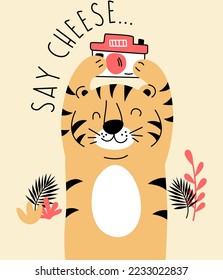 TIGER WAS SAY CHEESE AND CLIOCK PICTURE VECTOR ILLUSTRATION 
