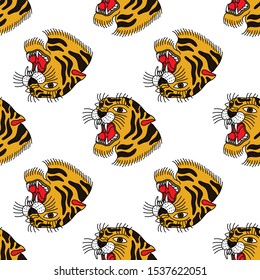 tiger seamless doodle pattern, traditional tattoo illustration
