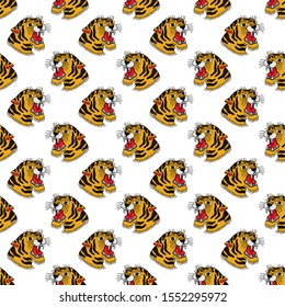 tiger seamless doodle pattern, traditional tattoo illustration