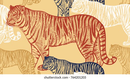 Tiger. Seamless Pattern With Animals Of Africa. Hand Drawing Of Wildlife. Vector Illustration Art. Full-color Drawing. Old Engraving. Vintage. Design For Fabrics, Paper, Textiles, Fashion.