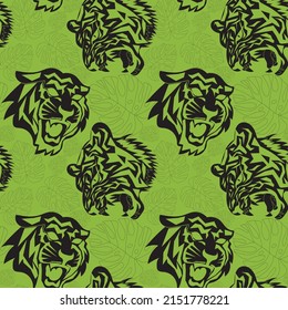 Tiger seamless pattern with botanical leaves