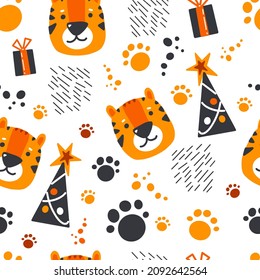 Tiger seamless pattern, childish cartoon stylish vector illustration for new year festive gifts wrapping design.