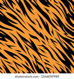 Tiger seamless pattern design with bold orange and black stripes. Ideal for wild-themed designs, wallpapers, textile prints, and creative projects inspired by jungle and wildlife aesthetics.