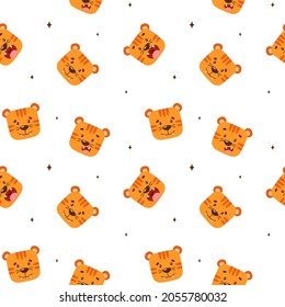 Tiger seamless pattern. Endless print with cute faces of a wild animal. Wallpaper and bedding design template for children's bedroom. Image for baby clothes. Symbol of the new year 2022.