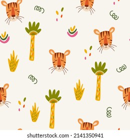 Tiger seamless pattern. Muzzle of a cute tiger cub with jungle plants. Tropical Animals. Children design for fabric, print, wrapper, textile. Vector flat illustration for kids