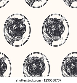 Tiger. Nahtloses Muster mit Porträttieren aus Afrika. Handzeichnung von Wildtieren. Vektorgrafik. Schwarz-Weiß. Alte Gravur. Jahrgang. Design für Stoffe, Papier, Textilien, Mode.