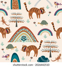 
Tiger seamless pattern in scandinavian style. Vector illustration.