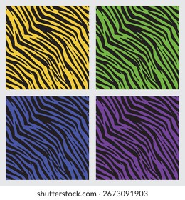 Conjunto de patrón sin costuras Tiger. Color brillante. Antecedentes animales. Plantilla de Vector para la tela, materia textil, Fondo de pantalla, papel de embalaje