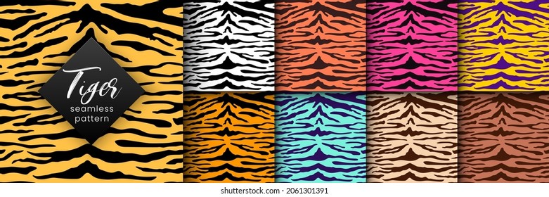 Tiger seamless pattern set. Vector wild animal skin textured background, tiger or zebra stripes print on color background. Abstract jungle safari texture for fashion print design, fabric, textile.