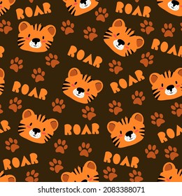 Tiger seamless pattern. Tigers face, cute childish seamless pattern. Colorful background with animal muzzles, paw prints in the Scandinavian style. Muzzle of tigers, roar. 