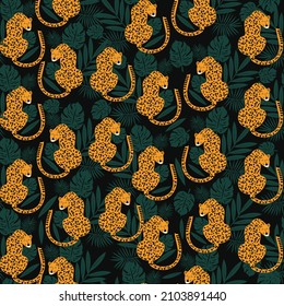 tiger seamless pattern with tropical leaves