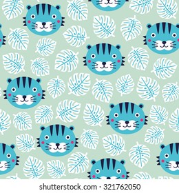 Tiger seamless pattern with tropical leaves. Kid background. Vector illustration.