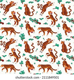 Tiger seamless pattern, vector animal print with cute tigers and Japanese pine branches. Organic flat style vector illustration.