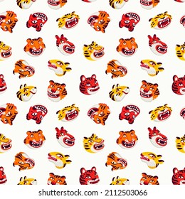 Tiger seamless pattern, vector animal print with cute tigers faces. Organic flat style vector illustration.