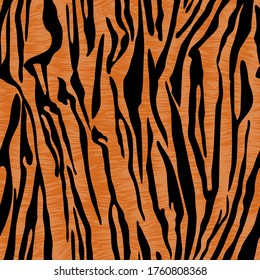 Tiger seamless pattern. Vector print of stripes of wild animals on an orange background, textile, wallpaper, imitation of skins