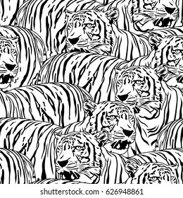 Tiger Seamless Pattern. Wild Life Animals. Black And White Texture. Illustration