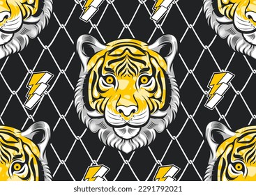 tiger seamless patterns with Lightning and barbed wire background, image graphic design street comic art, textile fashion, artwork for fabric print, clothes, handkerchief or banner website