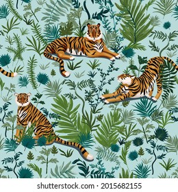 Tiger seamless repeat pattern. Surface design for fabric, wallpaper, wrap, invitation cards. Sage green, light blue, orange colors. 