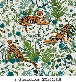 Tiger seamless repeat pattern. Surface design for fabric, wallpaper, wrap, invitation cards. Green, orange, light beige, ivory, cream colors.