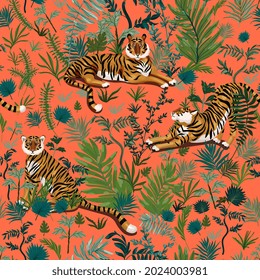 Tiger seamless repeat pattern. Surface design for fabric, wallpaper, wrap, invitation cards. Orange, green colors.