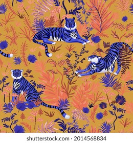 Tiger seamless repeat vector pattern. Surface design for fabric, wallpaper, wrap, invitation cards. Blue, violet, orange, red colors.
