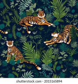 Tiger seamless repeat vector pattern. Surface design for fabric, wallpaper, wrap, invitation cards. Green, black, orange colors.