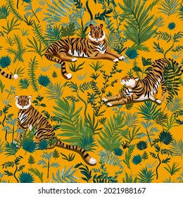 Tiger seamless repeat vector pattern. Surface design for fabric, wallpaper, wrap, invitation cards. Gold, yellow, green, orange colors.