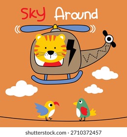 Tiger seated inside flying helicopter moving above clouds in bright sky. Kids concept

