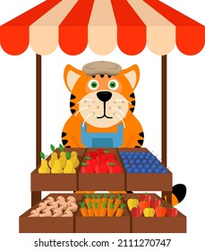 Tiger sells fruits and vegetables from a shopping counter. Vector illustration.