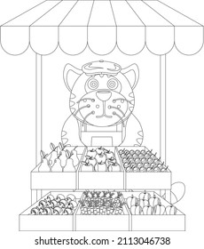 Tiger sells fruits and vegetables from a shopping counter coloring book. Vector illustration.