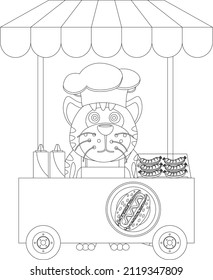 Tiger verkauft heiße Hunde. Vektorgrafik-Farbbuch.