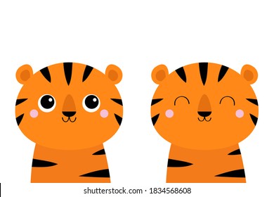 Tiger set. Cute cartoon kawaii funny character. Baby animal collection. Childish print for nursery, kids apparel, poster, postcard. Jungle cat. Flat design. White background. Isolated. Vector